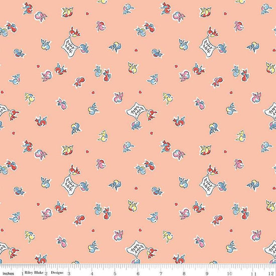 Image of the Love Notes Songbirds Apricot quilting cotton fabric by Riley Blake Designs. Features animals on an orange background. Cute Little Fabric Shop