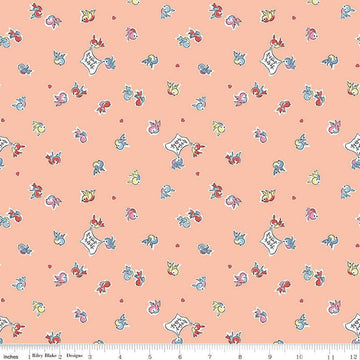 Image of the Love Notes Songbirds Apricot quilting cotton fabric by Riley Blake Designs. Features animals on an orange background. Cute Little Fabric Shop