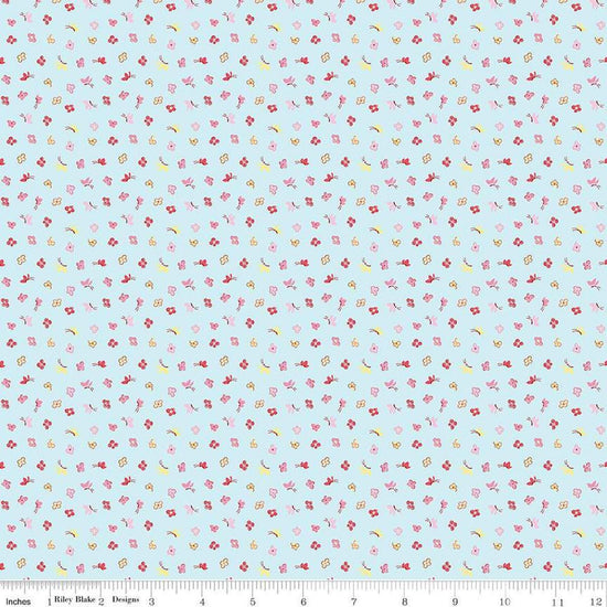 Image of the Love Notes Butterfly Floral Sky quilting cotton fabric by Riley Blake Designs. Features flowers on a blue background. Cute Little Fabric Shop
