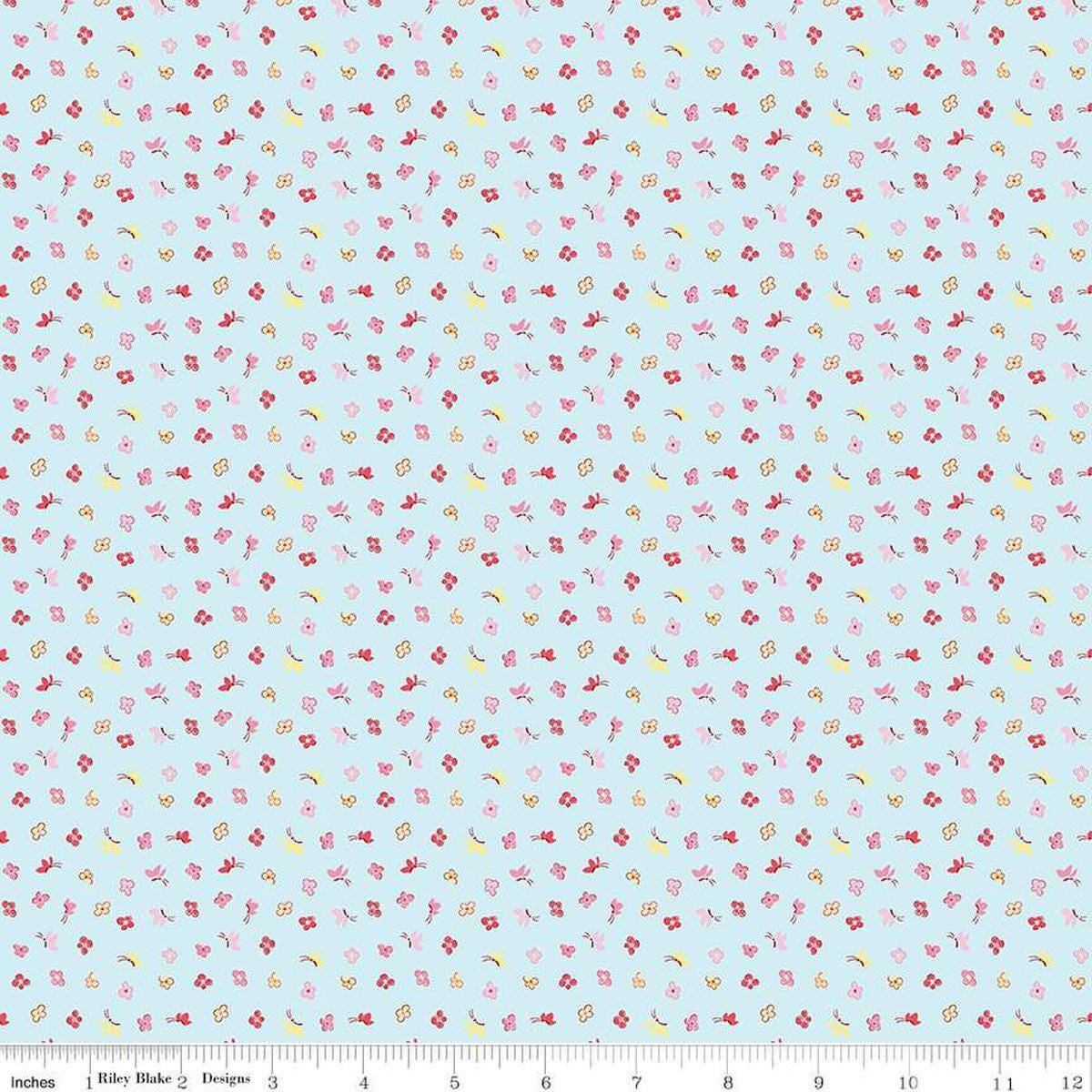 Image of the Love Notes Butterfly Floral Sky quilting cotton fabric by Riley Blake Designs. Features flowers on a blue background. Cute Little Fabric Shop