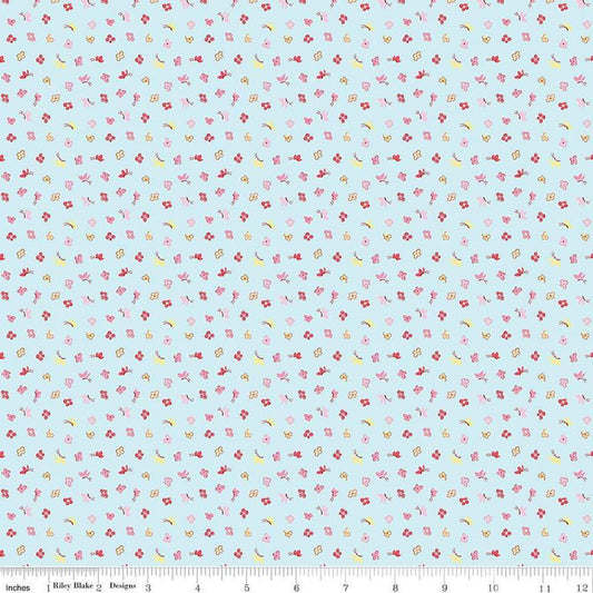Image of the Love Notes Butterfly Floral Sky quilting cotton fabric by Riley Blake Designs. Features flowers on a blue background. Cute Little Fabric Shop