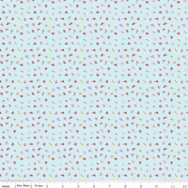 Image of the Love Notes Butterfly Floral Sky quilting cotton fabric by Riley Blake Designs. Features flowers on a blue background. Cute Little Fabric Shop
