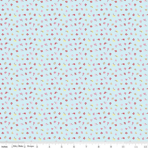 Image of the Love Notes Butterfly Floral Sky quilting cotton fabric by Riley Blake Designs. Features flowers on a blue background. Cute Little Fabric Shop