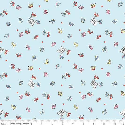 Image of the Love Notes Songbirds Sky quilting cotton fabric by Riley Blake Designs. Features flowers on a blue background. Cute Little Fabric Shop