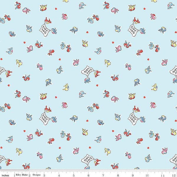 Image of the Love Notes Songbirds Sky quilting cotton fabric by Riley Blake Designs. Features flowers on a blue background. Cute Little Fabric Shop