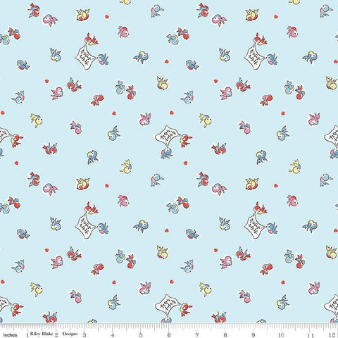 Image of the Love Notes Songbirds Sky quilting cotton fabric by Riley Blake Designs. Features flowers on a blue background. Cute Little Fabric Shop