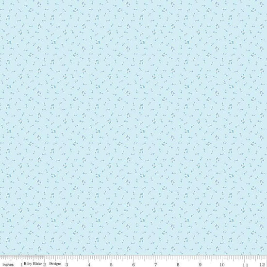 Image of the Love Notes Music Notes Sky quilting cotton fabric by Riley Blake Designs. Features music on a blue background. Cute Little Fabric Shop
