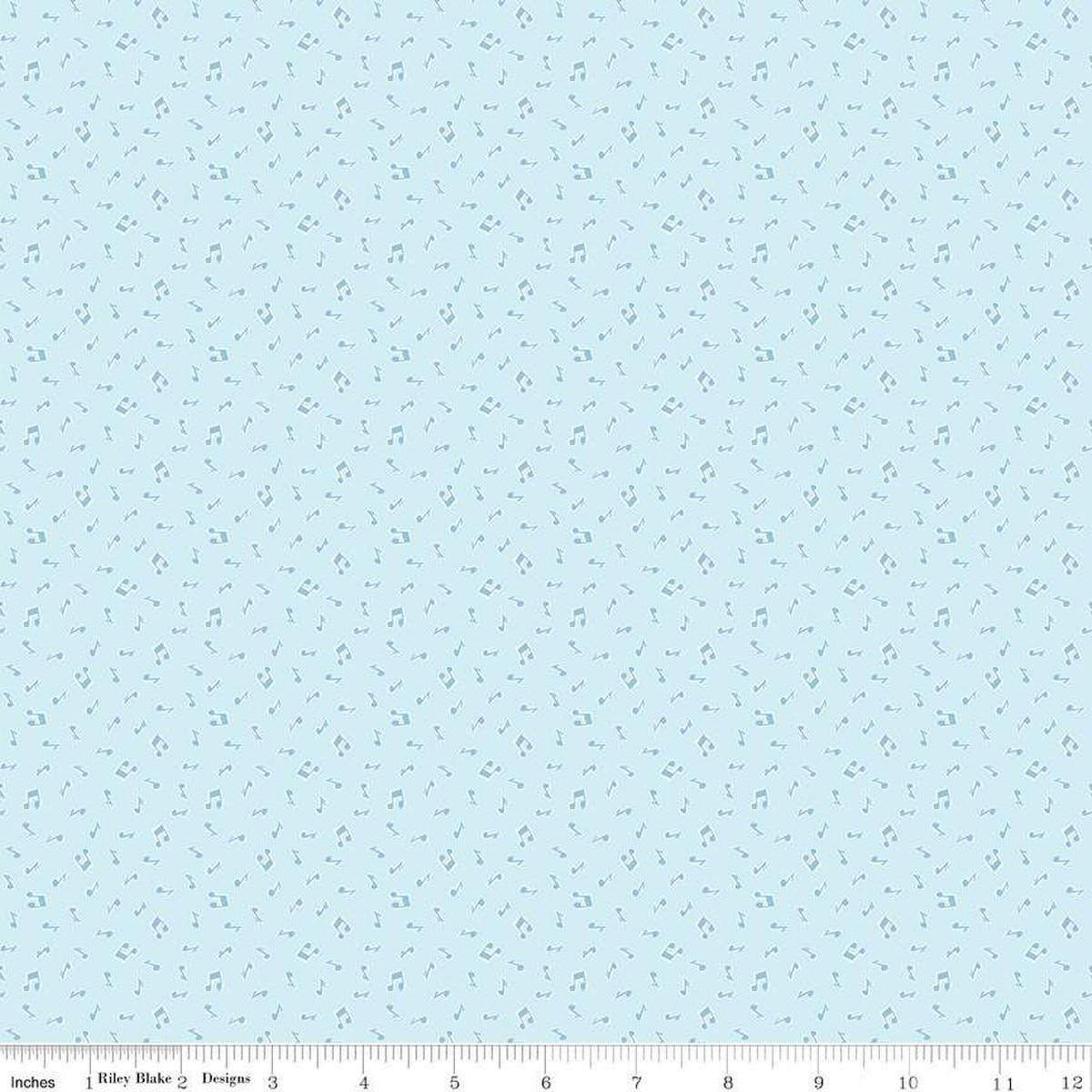 Image of the Love Notes Music Notes Sky quilting cotton fabric by Riley Blake Designs. Features music on a blue background. Cute Little Fabric Shop