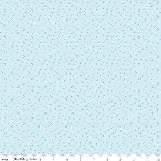 Image of the Love Notes Music Notes Sky quilting cotton fabric by Riley Blake Designs. Features music on a blue background. Cute Little Fabric Shop