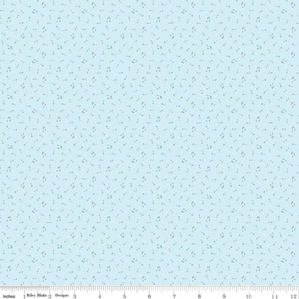 Image of the Love Notes Music Notes Sky quilting cotton fabric by Riley Blake Designs. Features music on a blue background. Cute Little Fabric Shop