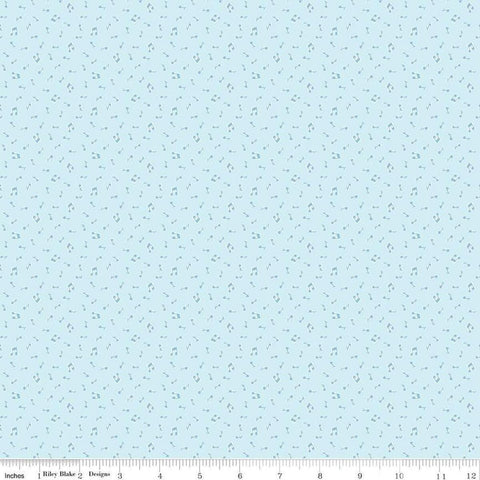 Image of the Love Notes Music Notes Sky quilting cotton fabric by Riley Blake Designs. Features music on a blue background. Cute Little Fabric Shop