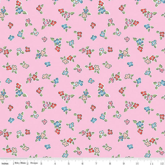 Image of the Love Notes Flowers Pink quilting cotton fabric by Riley Blake Designs. Features flowers on a pink background. Cute Little Fabric Shop