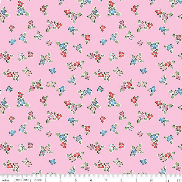 Image of the Love Notes Flowers Pink quilting cotton fabric by Riley Blake Designs. Features flowers on a pink background. Cute Little Fabric Shop