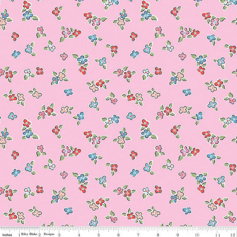 Image of the Love Notes Flowers Pink quilting cotton fabric by Riley Blake Designs. Features flowers on a pink background. Cute Little Fabric Shop