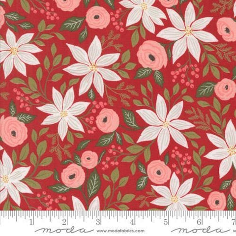 Image of the Berry and Pine Florals Cranberry quilting cotton fabric by Moda Fabrics. Features floral on a red background. Cute Little Fabric Shop