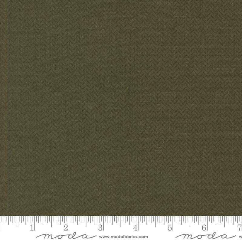Image of the Berry and Pine Yule Wintergreen quilting cotton fabric by Moda Fabrics. Features lines on a green background. Cute Little Fabric Shop