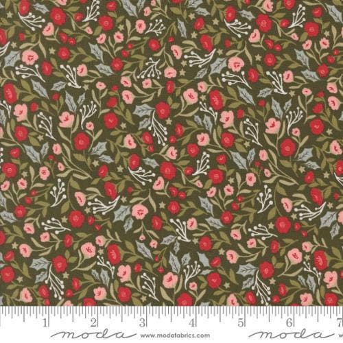 Image of the Berry and Pine Posies Wintergreen quilting cotton fabric by Moda Fabrics. Features flowers on a green background. Cute Little Fabric Shop