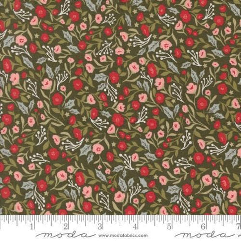 Image of the Berry and Pine Posies Wintergreen quilting cotton fabric by Moda Fabrics. Features flowers on a green background. Cute Little Fabric Shop