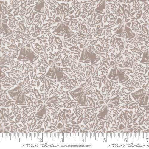 Image of the Berry and Pine Bells Snow quilting cotton fabric by Moda Fabrics. Features bells on a cream background. Cute Little Fabric Shop