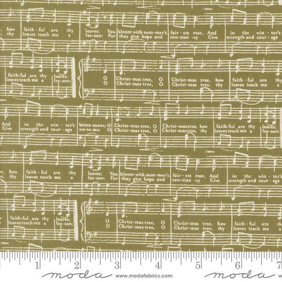 Image of the Berry and Pine Notes Sage quilting cotton fabric by Moda Fabrics. Features music notes on a green background. Cute Little Fabric Shop