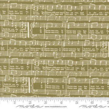 Image of the Berry and Pine Notes Sage quilting cotton fabric by Moda Fabrics. Features music notes on a green background. Cute Little Fabric Shop
