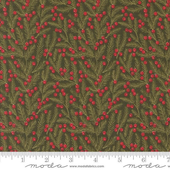 Image of the Berry and Pine Pine Evergreen quilting cotton fabric by Moda Fabrics. Features flowers on a green background. Cute Little Fabric Shop