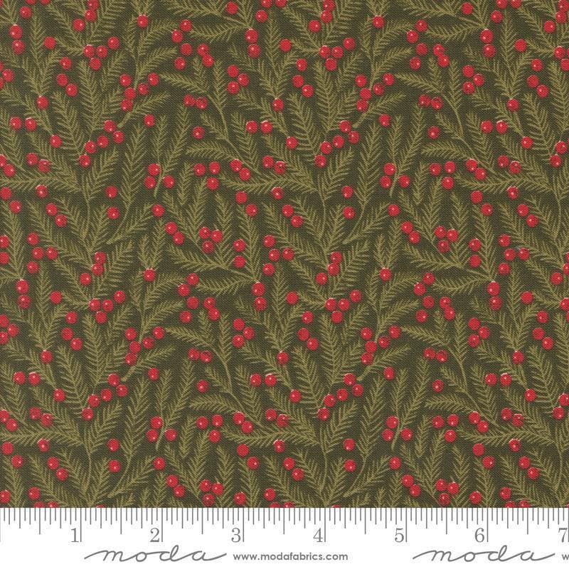 Image of the Berry and Pine Pine Evergreen quilting cotton fabric by Moda Fabrics. Features flowers on a green background. Cute Little Fabric Shop