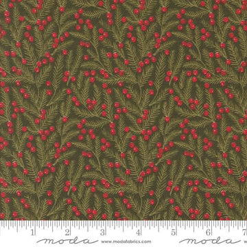 Image of the Berry and Pine Pine Evergreen quilting cotton fabric by Moda Fabrics. Features flowers on a green background. Cute Little Fabric Shop
