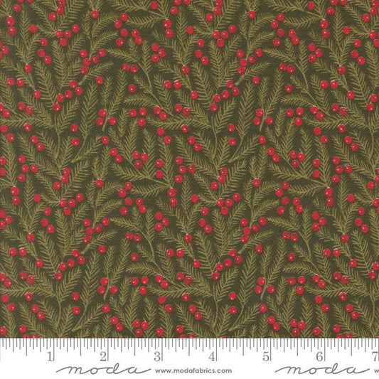 Image of the Berry and Pine Pine Evergreen quilting cotton fabric by Moda Fabrics. Features flowers on a green background. Cute Little Fabric Shop