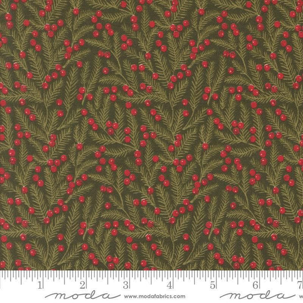 Image of the Berry and Pine Pine Evergreen quilting cotton fabric by Moda Fabrics. Features flowers on a green background. Cute Little Fabric Shop