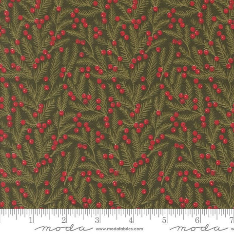 Image of the Berry and Pine Pine Evergreen quilting cotton fabric by Moda Fabrics. Features flowers on a green background. Cute Little Fabric Shop
