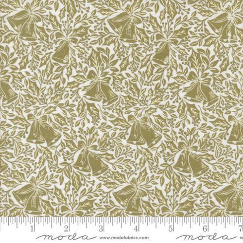 Image of the Berry and Pine Bells Sage quilting cotton fabric by Moda Fabrics. Features bells on a green background. Cute Little Fabric Shop