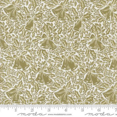 Image of the Berry and Pine Bells Sage quilting cotton fabric by Moda Fabrics. Features bells on a green background. Cute Little Fabric Shop