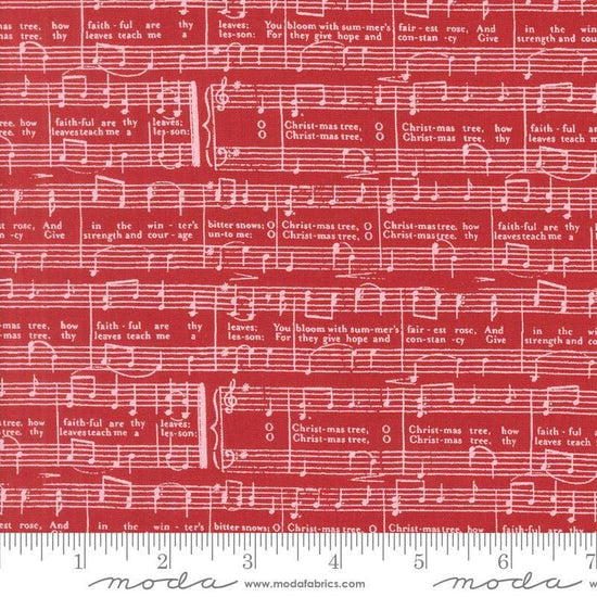 Image of the Berry and Pine Notes Cranberry quilting cotton fabric by Moda Fabrics. Features music notes on a red background. Cute Little Fabric Shop
