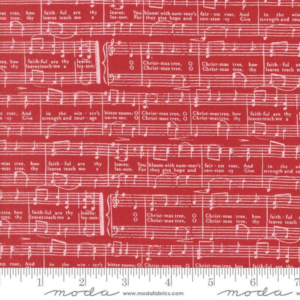 Image of the Berry and Pine Notes Cranberry quilting cotton fabric by Moda Fabrics. Features music notes on a red background. Cute Little Fabric Shop