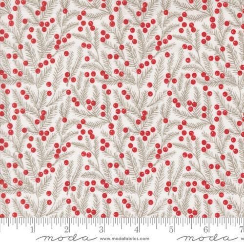 Image of the Berry and Pine Pine Snow quilting cotton fabric by Moda Fabrics. Features pine needles on a white background. Cute Little Fabric Shop