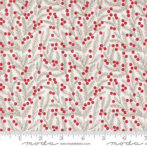 Image of the Berry and Pine Pine Snow quilting cotton fabric by Moda Fabrics. Features pine needles on a white background. Cute Little Fabric Shop