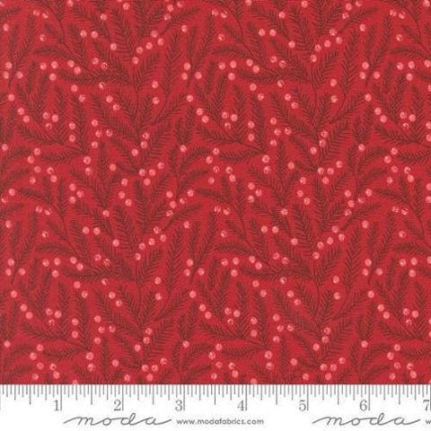 Image of the Berry and Pine Pine Cranberry quilting cotton fabric by Moda Fabrics. Features berries on a berry background. Cute Little Fabric Shop