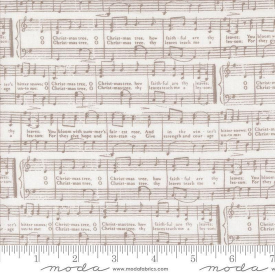 Image of the Berry and Pine Notes Snow quilting cotton fabric by Moda Fabrics. Features music notes on a cream background. Cute Little Fabric Shop