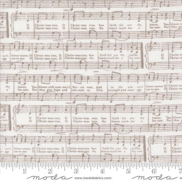 Image of the Berry and Pine Notes Snow quilting cotton fabric by Moda Fabrics. Features music notes on a cream background. Cute Little Fabric Shop