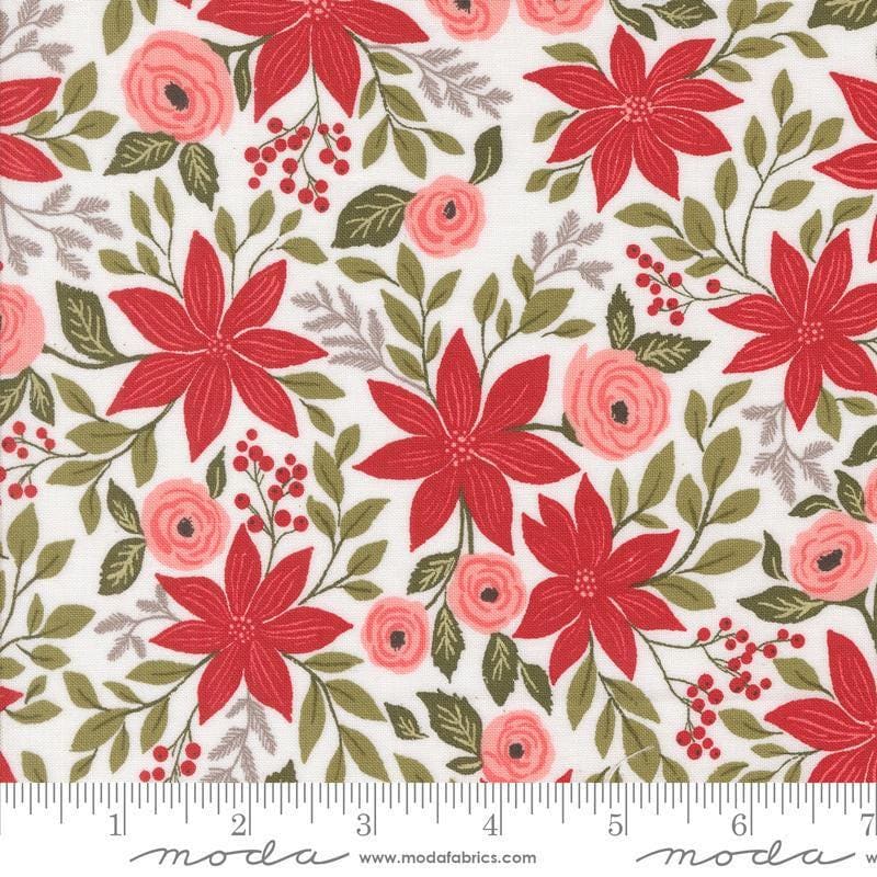 Image of the Berry and Pine Florals Snow quilting cotton fabric by Moda Fabrics. Features flowers on a white background. Cute Little Fabric Shop