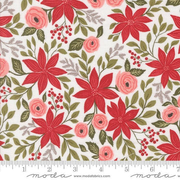Image of the Berry and Pine Florals Snow quilting cotton fabric by Moda Fabrics. Features flowers on a white background. Cute Little Fabric Shop