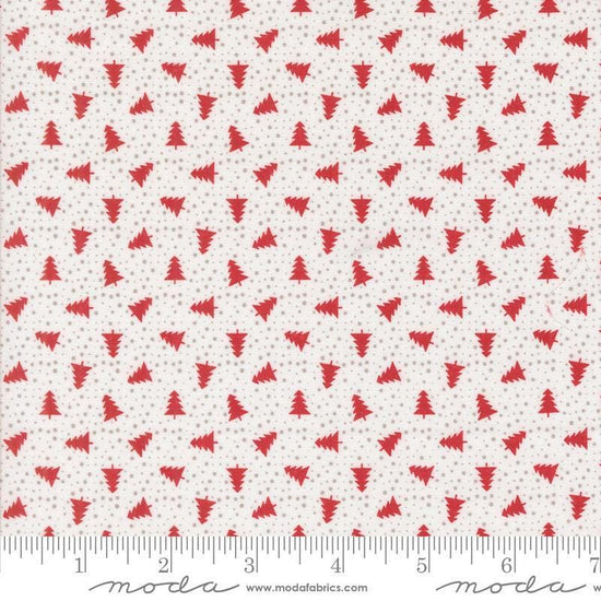 Image of the Berry and Pine Trees Snow quilting cotton fabric by Moda Fabrics. Features trees on a white background. Cute Little Fabric Shop