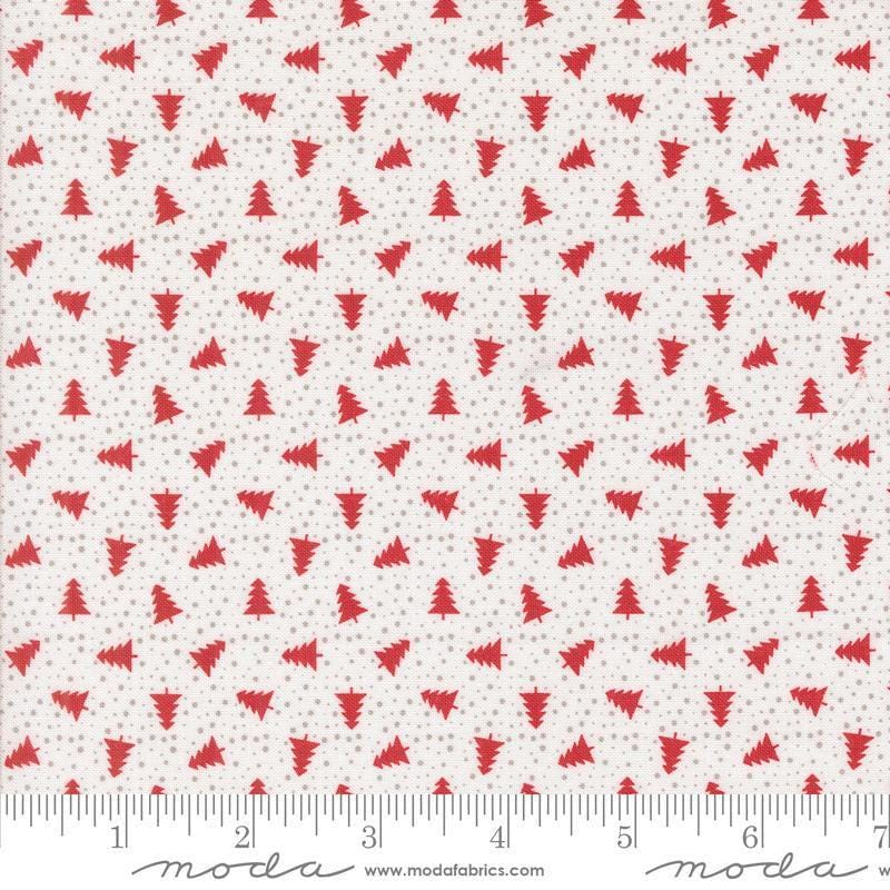 Image of the Berry and Pine Trees Snow quilting cotton fabric by Moda Fabrics. Features trees on a white background. Cute Little Fabric Shop