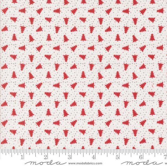 Image of the Berry and Pine Trees Snow quilting cotton fabric by Moda Fabrics. Features trees on a white background. Cute Little Fabric Shop
