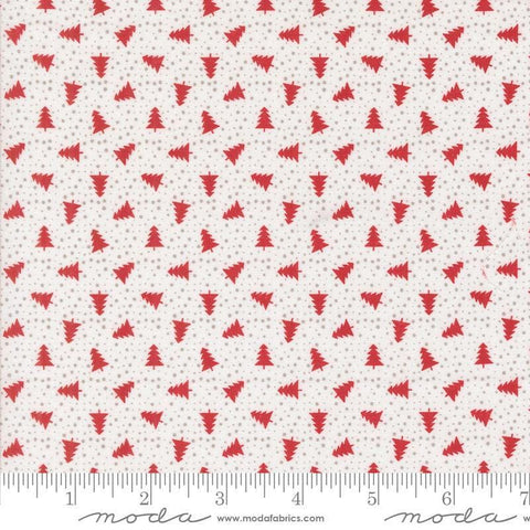 Image of the Berry and Pine Trees Snow quilting cotton fabric by Moda Fabrics. Features trees on a white background. Cute Little Fabric Shop