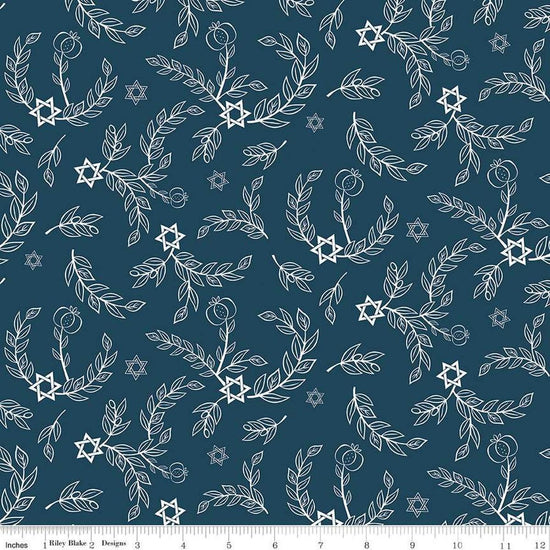 Image of the 8 Nights, 8 Lights Leaves Navy quilting cotton fabric by Riley Blake Designs. Features leaves on a blue background. Cute Little Fabric Shop