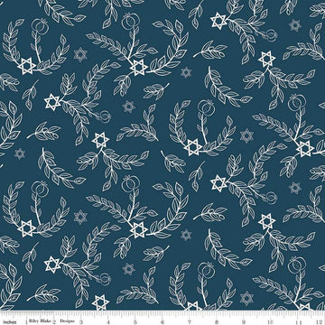 Image of the 8 Nights, 8 Lights Leaves Navy quilting cotton fabric by Riley Blake Designs. Features leaves on a blue background. Cute Little Fabric Shop