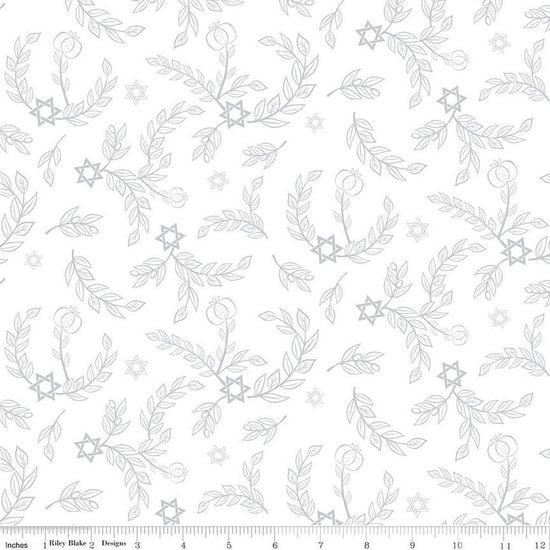 Image of the 8 Nights, 8 Lights Leaves White quilting cotton fabric by Riley Blake Designs. Features stars on a navy background. Cute Little Fabric Shop