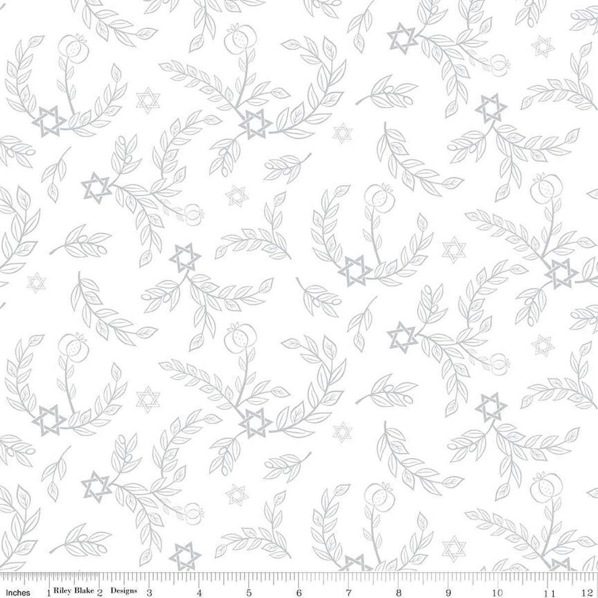 Image of the 8 Nights, 8 Lights Leaves White quilting cotton fabric by Riley Blake Designs. Features stars on a navy background. Cute Little Fabric Shop